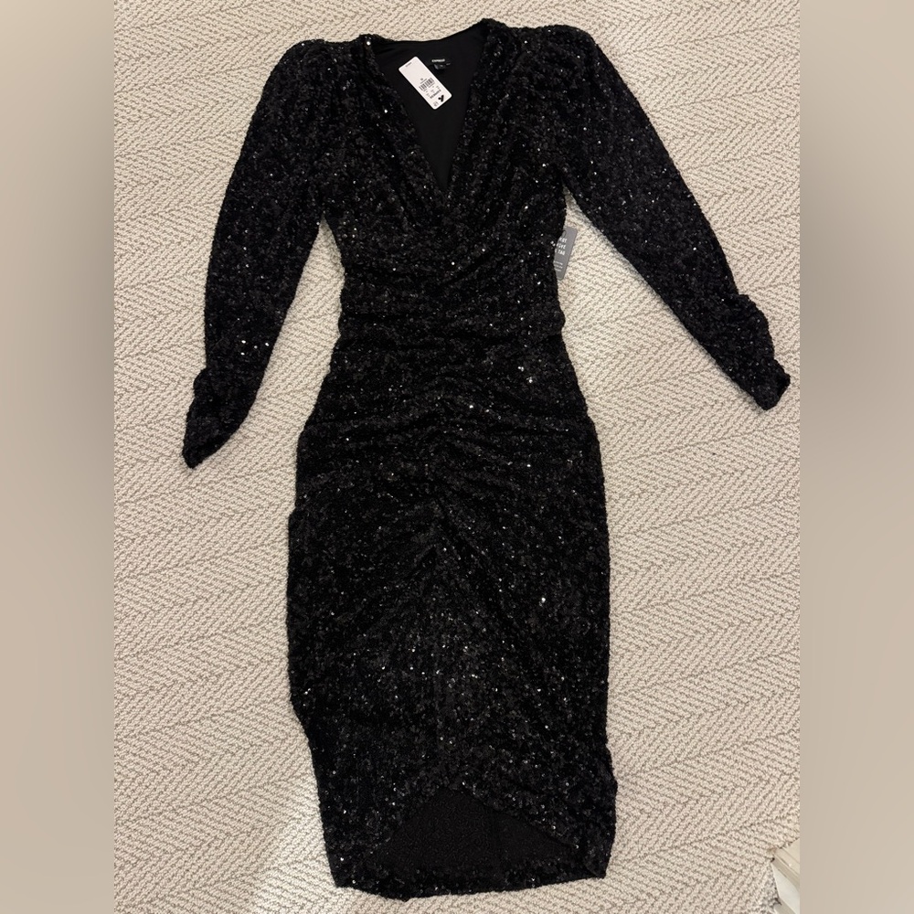 Express Black Long Sleeve Sequin Dress